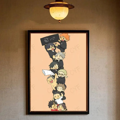 Black-framed hot anime poster featuring stack of school uniform characters on peach background for wall decoration