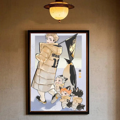 A framed hot anime poster featuring a character in a beige puffer jacket holding a black and gold flag with chibi characters