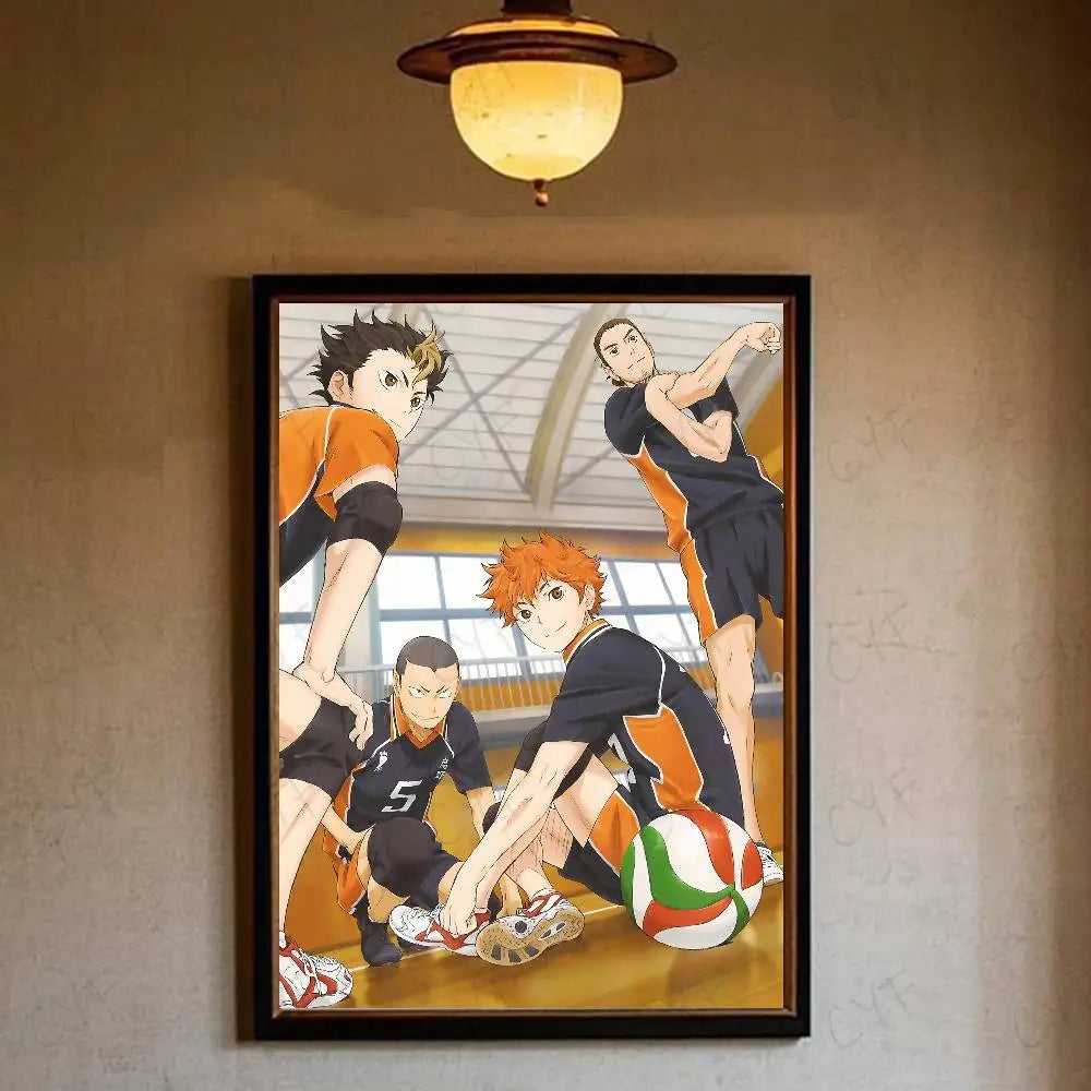 Black-framed hot anime wall art poster featuring four volleyball players in orange and black uniforms on indoor court