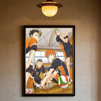 Black-framed hot anime wall art poster featuring four volleyball players in orange and black uniforms on indoor court
