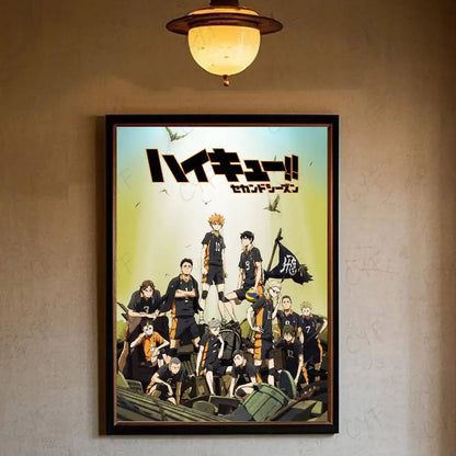 Black-framed haikyuu second season hot anime poster with characters in black and orange uniforms on yellow-green background