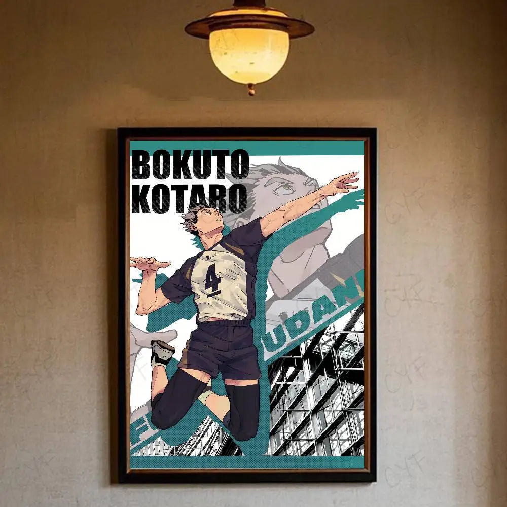 A framed hot anime poster featuring bokuto kotaro in a volleyball uniform for home living room decor