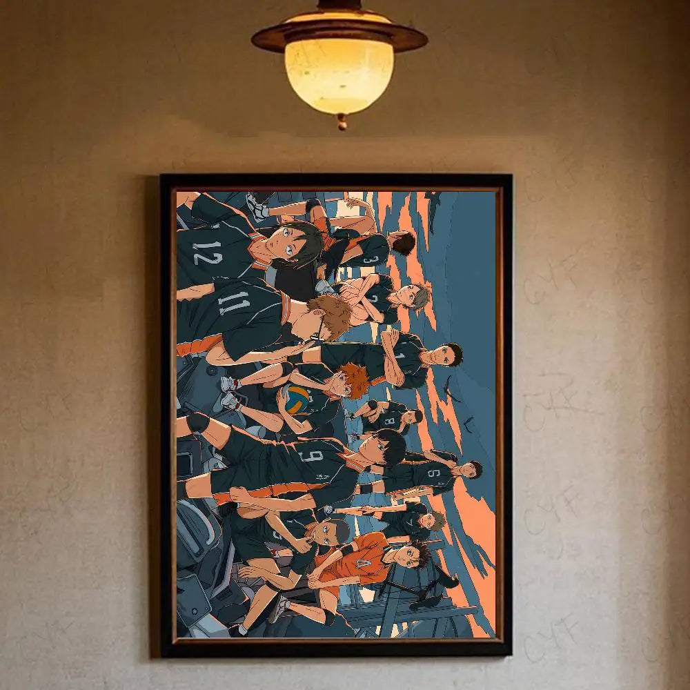 A framed hot anime poster of a volleyball team in dark uniforms with orange and white accents for home decor