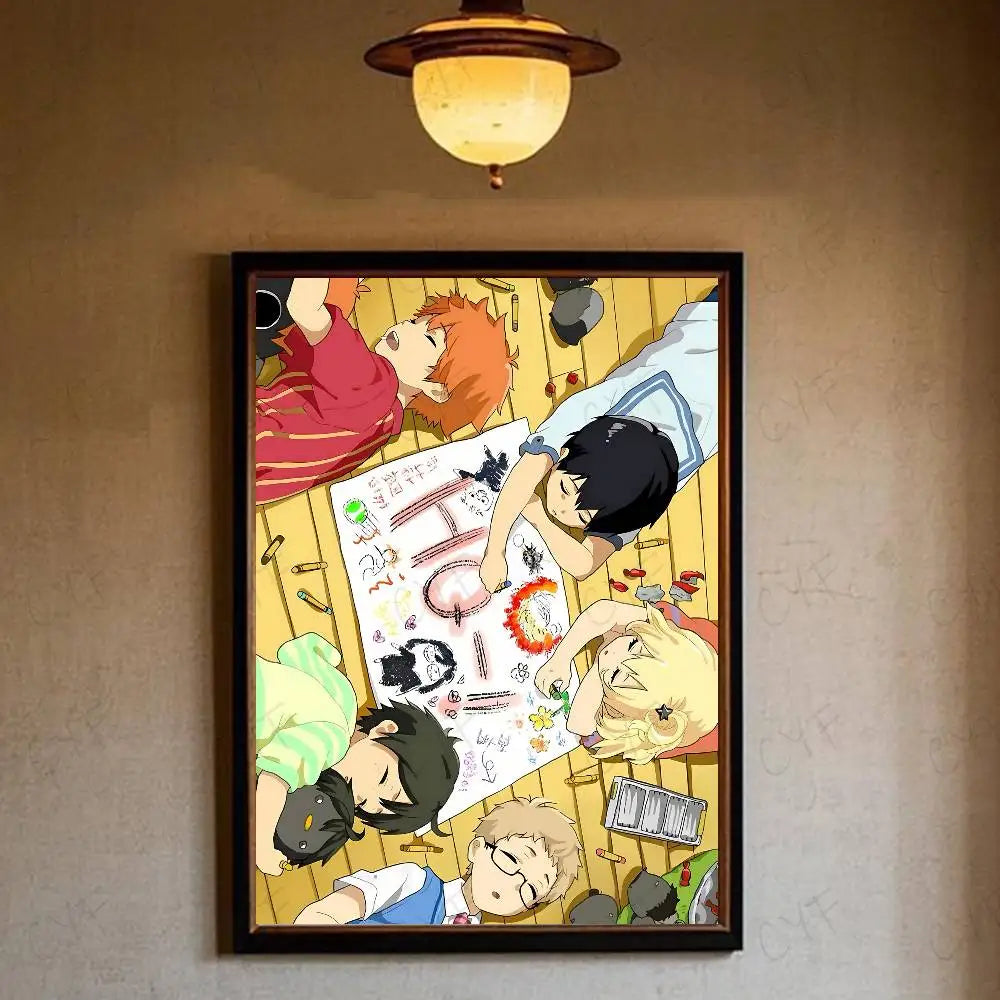 A framed hot anime poster featuring five vibrant characters with playful expressions on a wooden floor background
