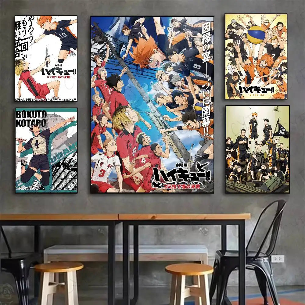 Five framed haikyuu hot anime posters with vibrant artwork and bold Japanese text displayed on a gray wall