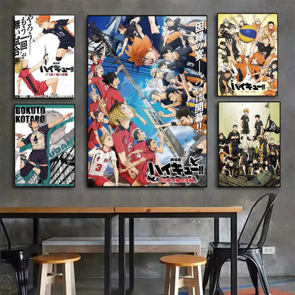 Five framed haikyuu hot anime posters with vibrant artwork and bold Japanese text displayed on a gray wall