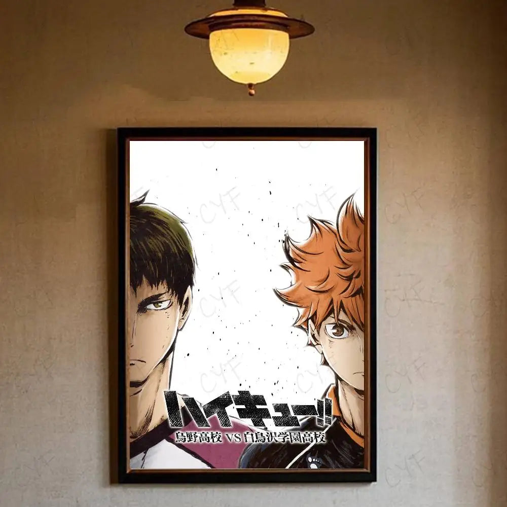 Black-framed haikyuu hot anime poster with two characters bold japanese text on white background for home decor