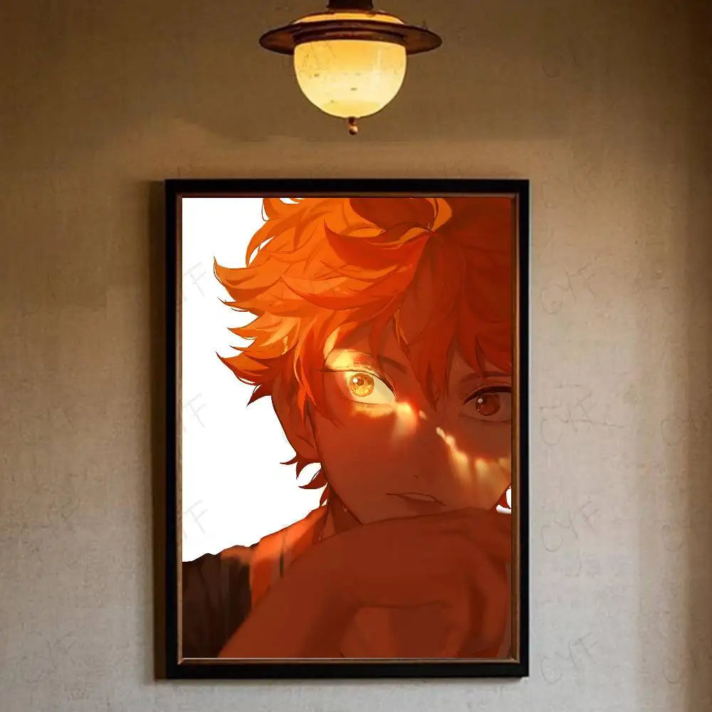 A framed hot anime poster featuring vibrant orange hair and golden eyes on a warm-toned background for home decor