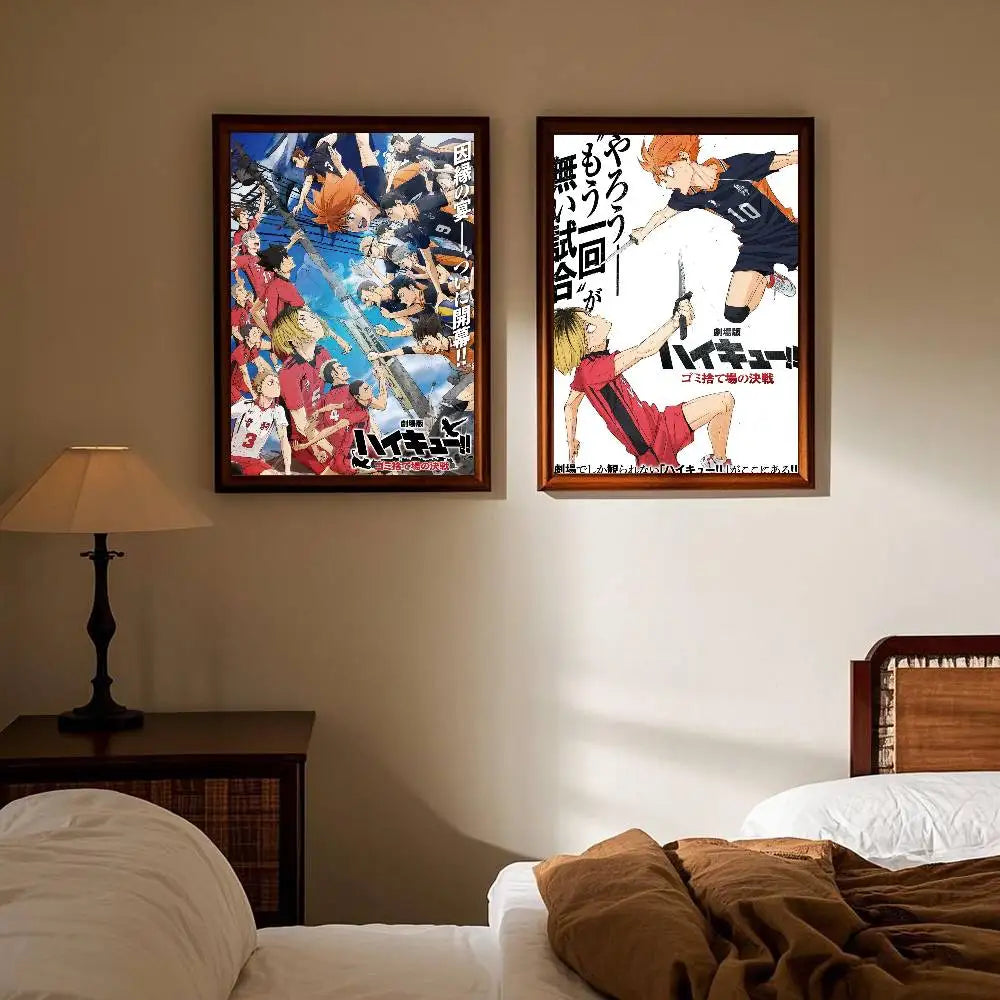 Two framed haikyuu hot anime posters featuring a dynamic group scene and a single character in action for room decor