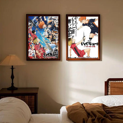 Two framed haikyuu hot anime posters featuring a dynamic group scene and a single character in action for room decor