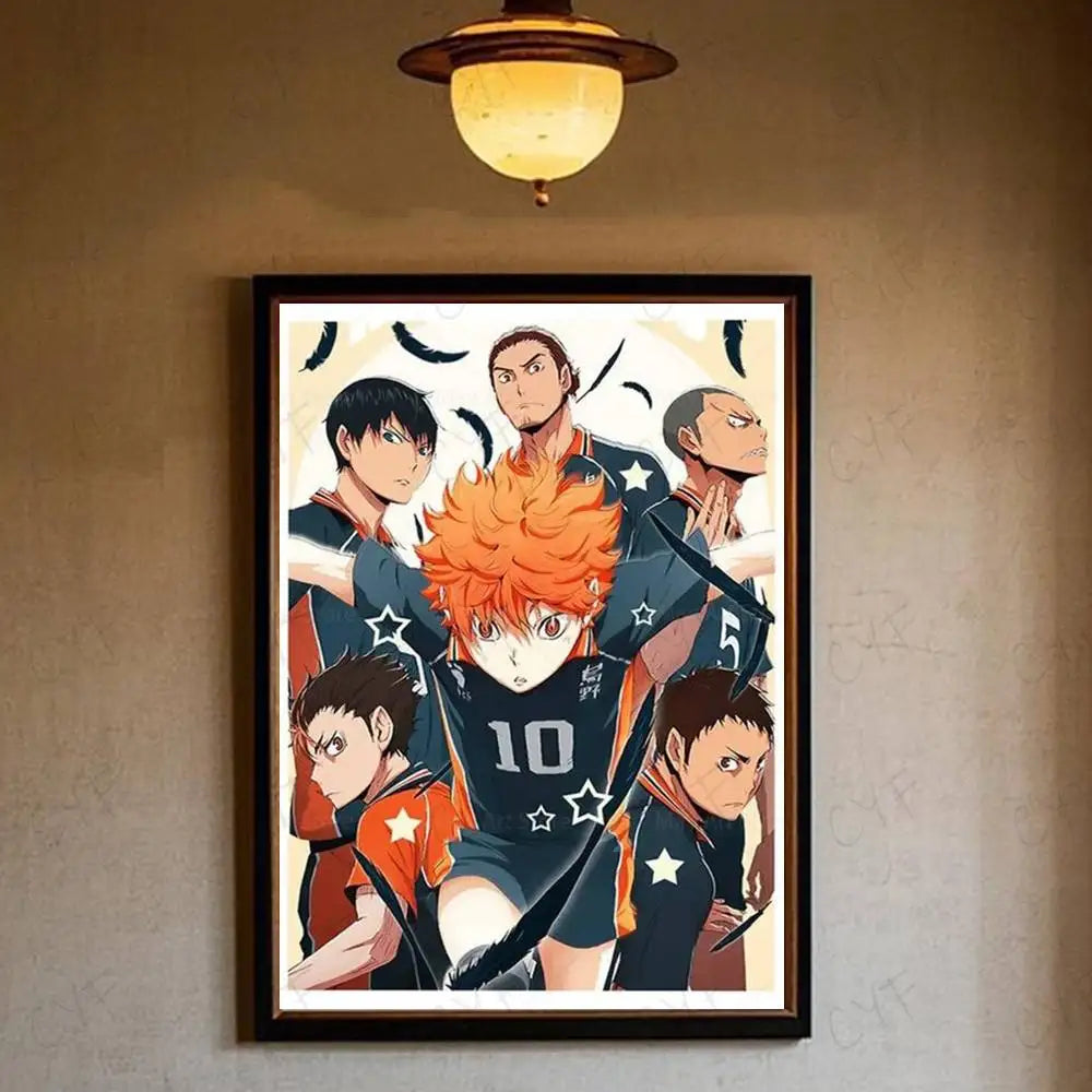 A framed haikyuu hot anime poster with vibrant orange and navy blue uniforms featuring dynamic star motifs for home decor