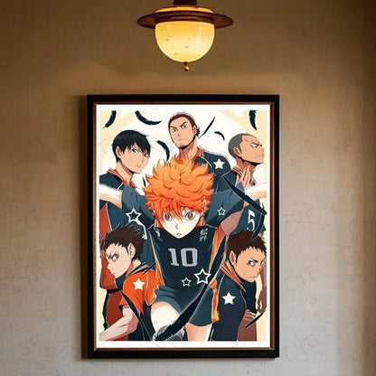 A framed haikyuu hot anime poster with vibrant orange and navy blue uniforms featuring dynamic star motifs for home decor