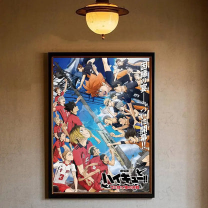 A framed haikyuu hot anime poster with dynamic volleyball characters in red and black uniforms on blue background