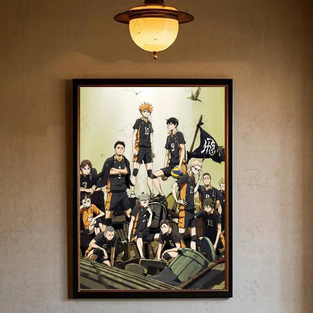 Black and orange framed haikyuu hot anime poster featuring characters in volleyball uniforms for wall decoration
