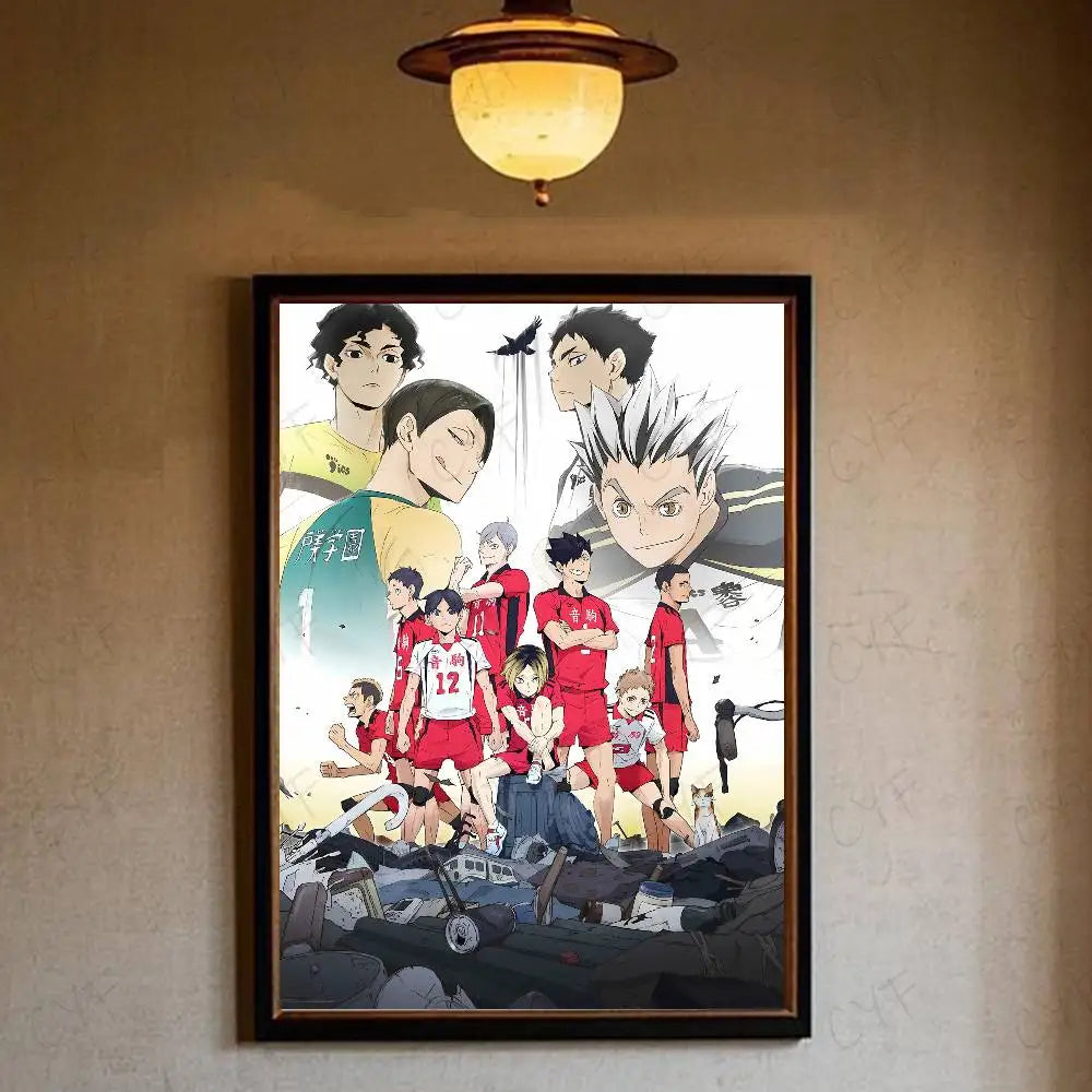 A framed haikyuu hot anime poster featuring vibrant colors and dynamic poses for home or bar decoration