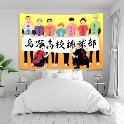 Vibrant yellow and orange haikyuu anime poster tapestry with characters holding a banner for bedroom wall decor