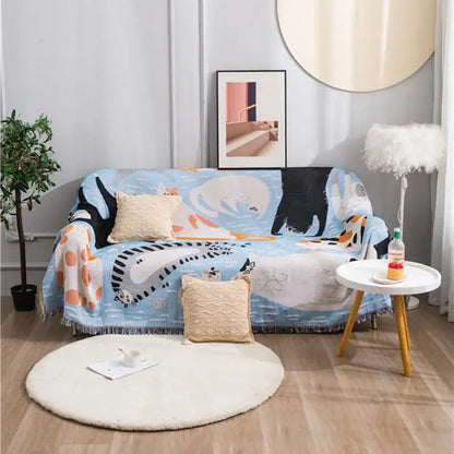 Blue and black cat-themed woven halloween style tassel throw blanket with fringed edges for bedroom decor