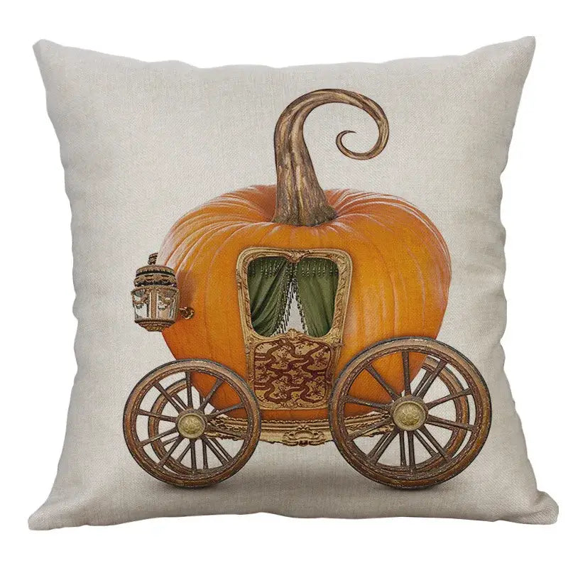 Cream-colored linen pillow cover featuring detailed orange halloween pumpkin ghost carriage with green curtains and wooden wheels
