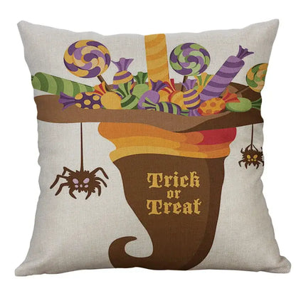 Beige halloween pumpkin ghost bat linen pillow cover featuring a colorful candy bucket with spiders for living room decor