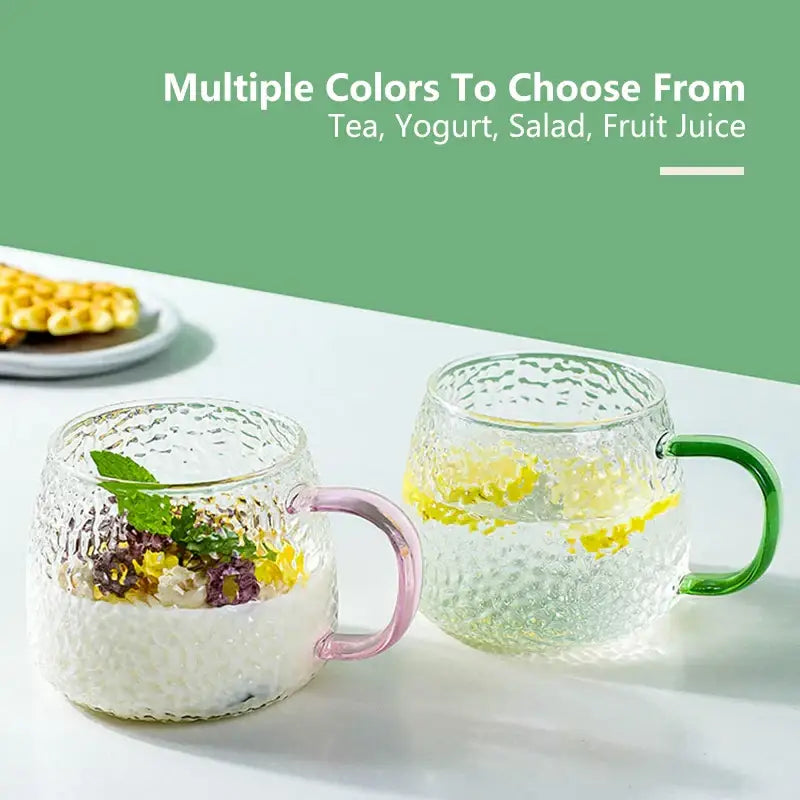 Clear textured glass mugs with hammer pattern and colorful pink and green handles 400ml glass mug kitchen glassware