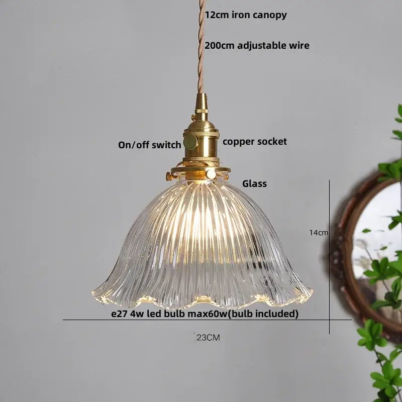 Clear ribbed glass led pendant light with brass fixture and copper socket for kitchen amber glass led lighting