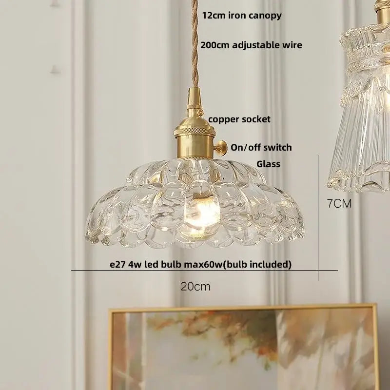 Clear glass pendant light with brass-finished copper socket and 12cm iron canopy for glass led pendant lighting