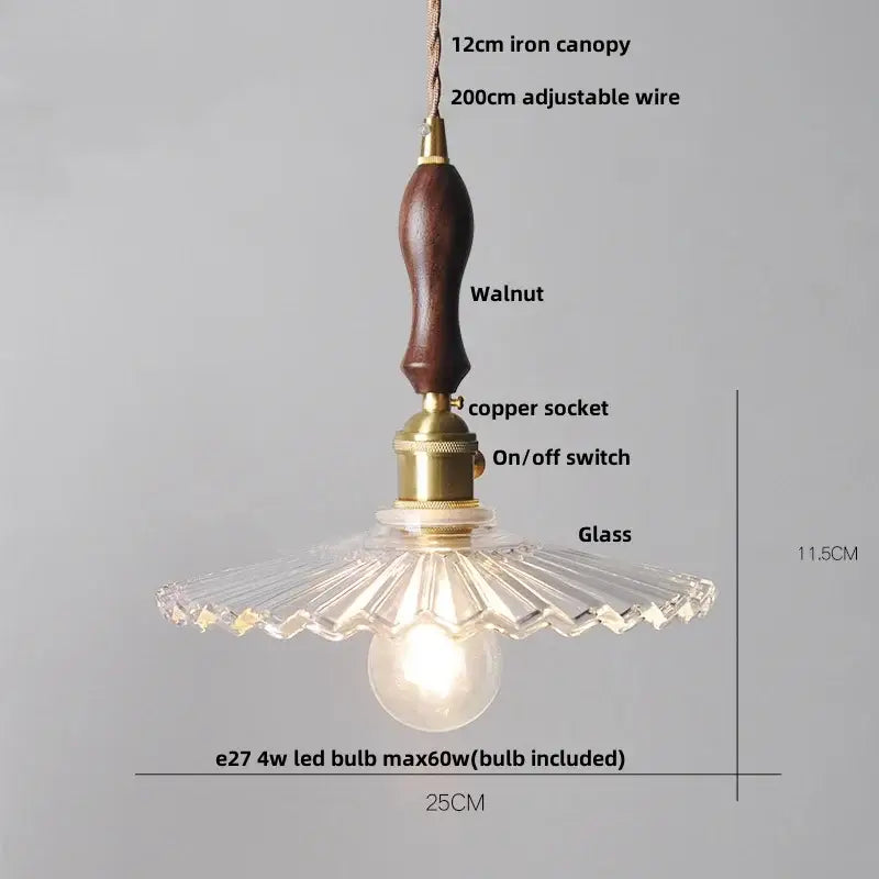 Vintage pendant light with dark walnut handle brass accents and clear radial fluted glass led pendant shade