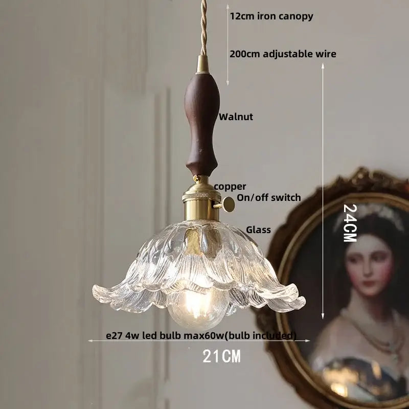 Delicate clear glass led pendant light with fluted petal design and dark walnut handle perfect for kitchen lighting