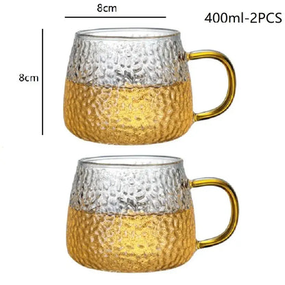 Hammered clear glass water cup with gold handle 400ml capacity for kitchen use in glass water cup design