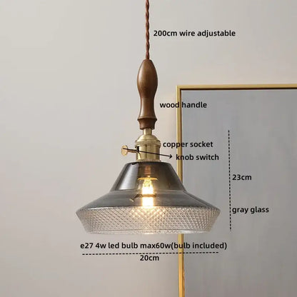 Vintage-style pendant lamps with wooden handle copper socket and hammered gray glass led shade for living room lighting