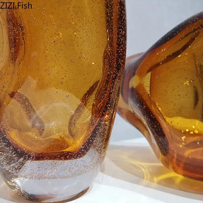Hand blown amber glass vase with bubbly textured surface and dark amber streaks for artificial flower desk decorbites amber glass