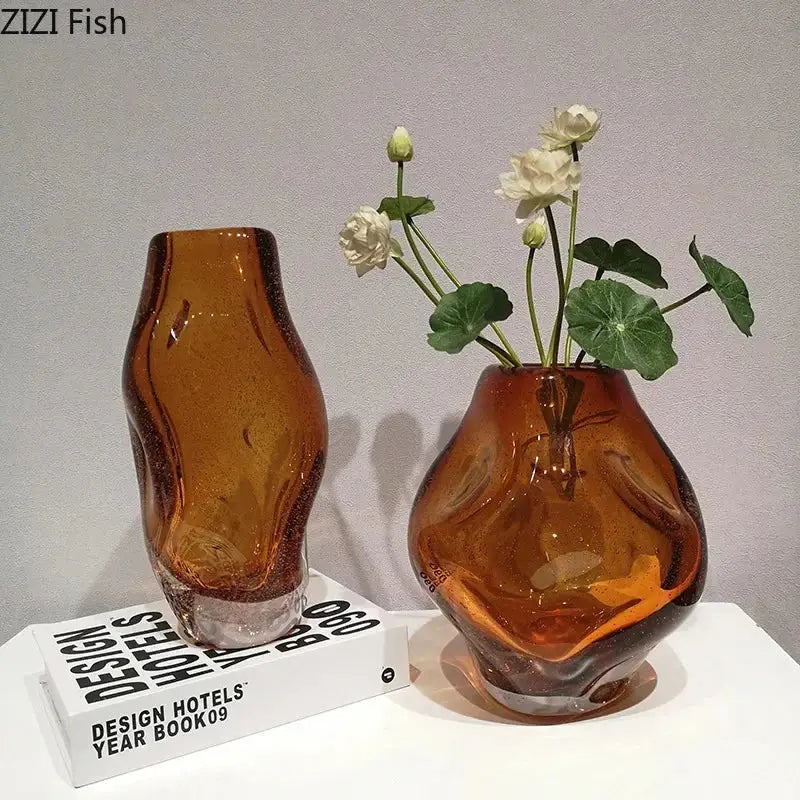 Two hand blown decorbites amber glass vases with textured surface ideal for artificial flower desk or bedroom decor