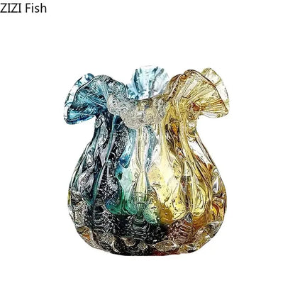 Hand blown glass vase with colorful flower edge in blue and amber hues for dining room decoration