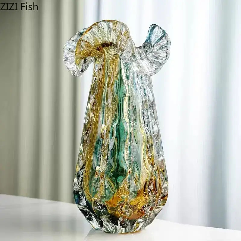 Translucent hand blown glass vase with colorful flower edge in amber and teal for dining room decor