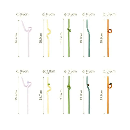 Set of hand blown colorful twisted glass straws by decorbites in assorted hues with curly and looped designs