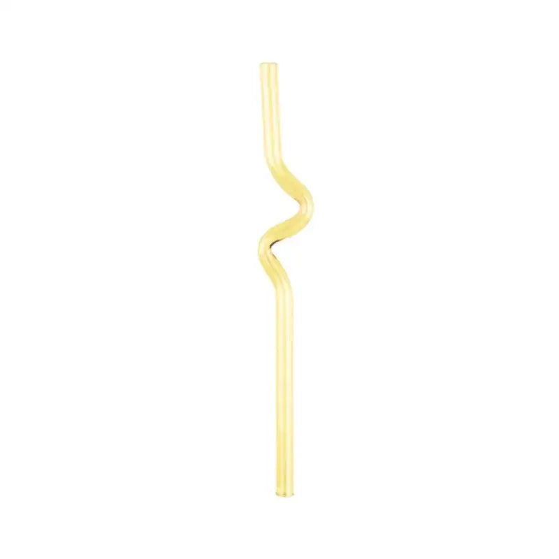 A translucent yellow hand blown glass straw with an s shaped bend from decorbites glass straws set