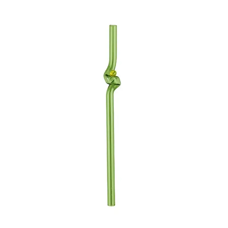 Translucent green hand blown glass straws with decorative knot and yellow bead accent from decorbites glass straws set