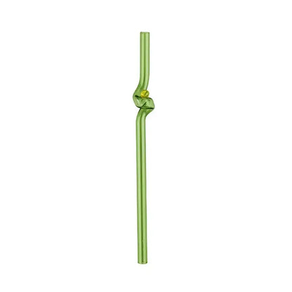 Translucent green hand blown glass straws with decorative knot and yellow bead accent from decorbites glass straws set