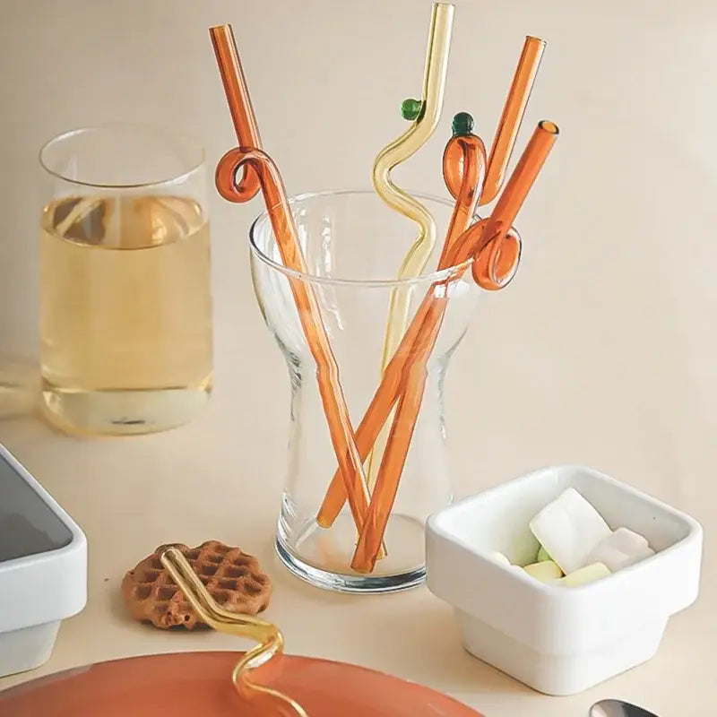 Hand blown colorful twisted glass straws set in amber gold and green hues by decorbites glass straws for kitchen use