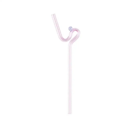 A translucent pink hand blown glass straw with curved ergonomic design and spherical cap from decorbites glass straws set