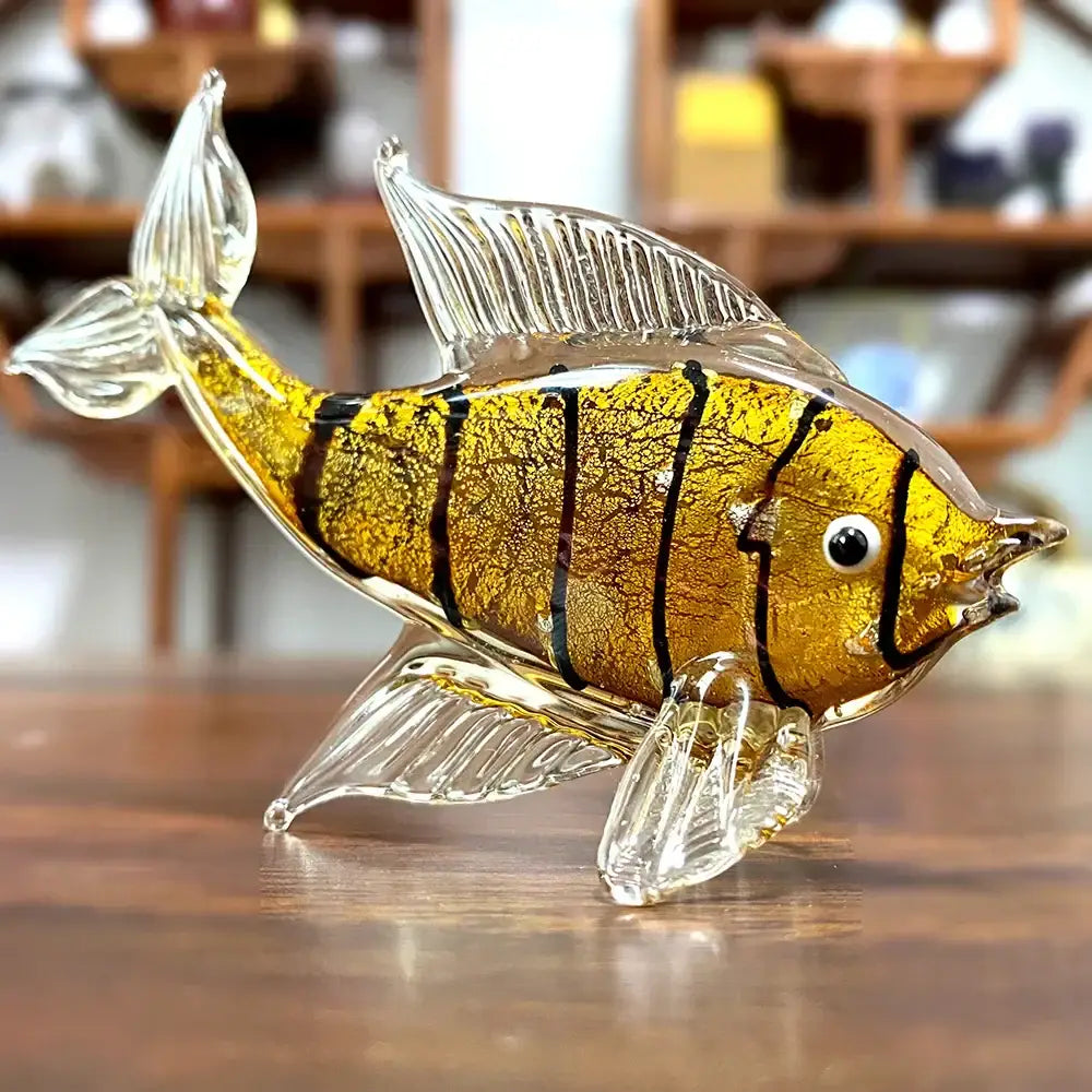 Hand blown crystal glass tropical fish figurine with translucent golden body and black stripes for living room decorbites decor
