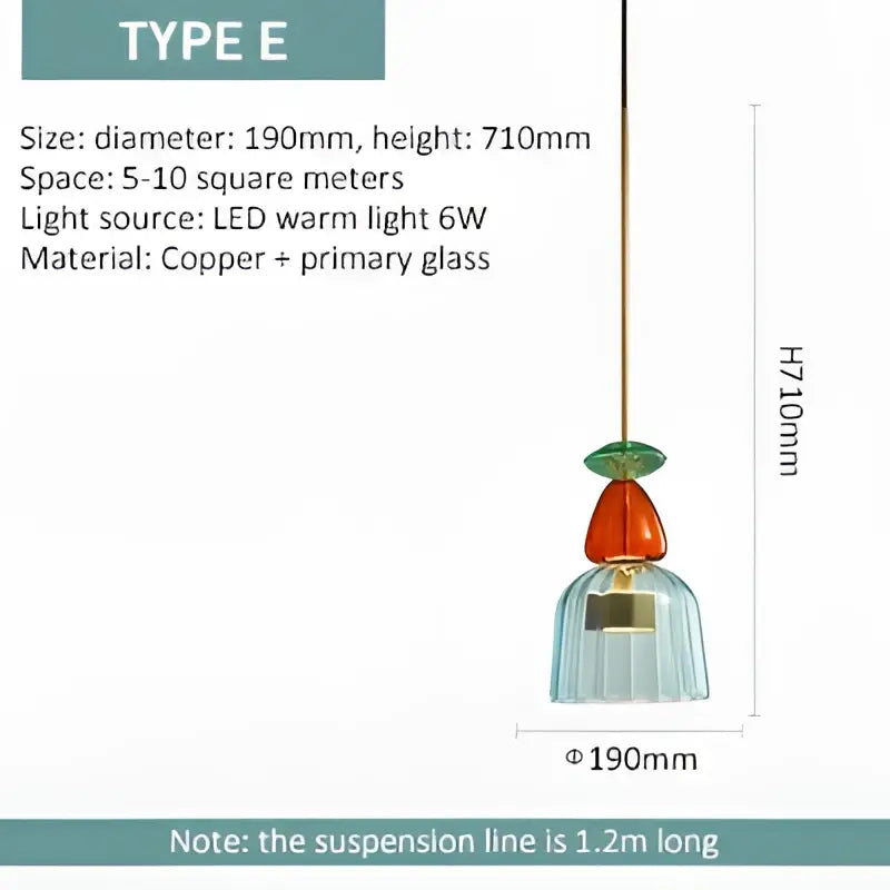 A modern glass pendant light with hand blown textured orange-red and translucent blue bell-shaped glass shade for kitchen accents