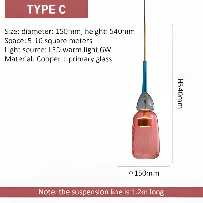 A pink textured glass pendant light with copper and primary glass design for kitchen accent lighting