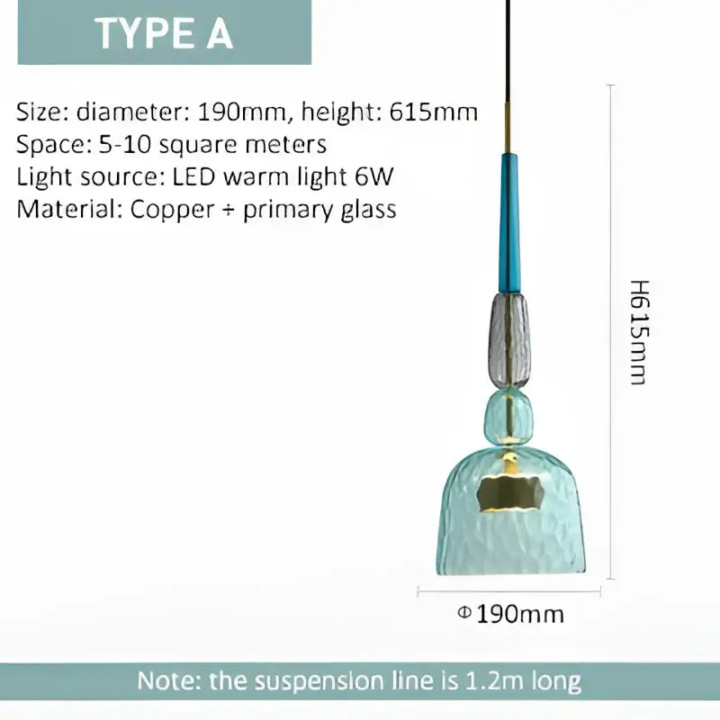 Teal hand blown textured glass pendant light with copper accent and warm white led bulb for kitchen accent lighting
