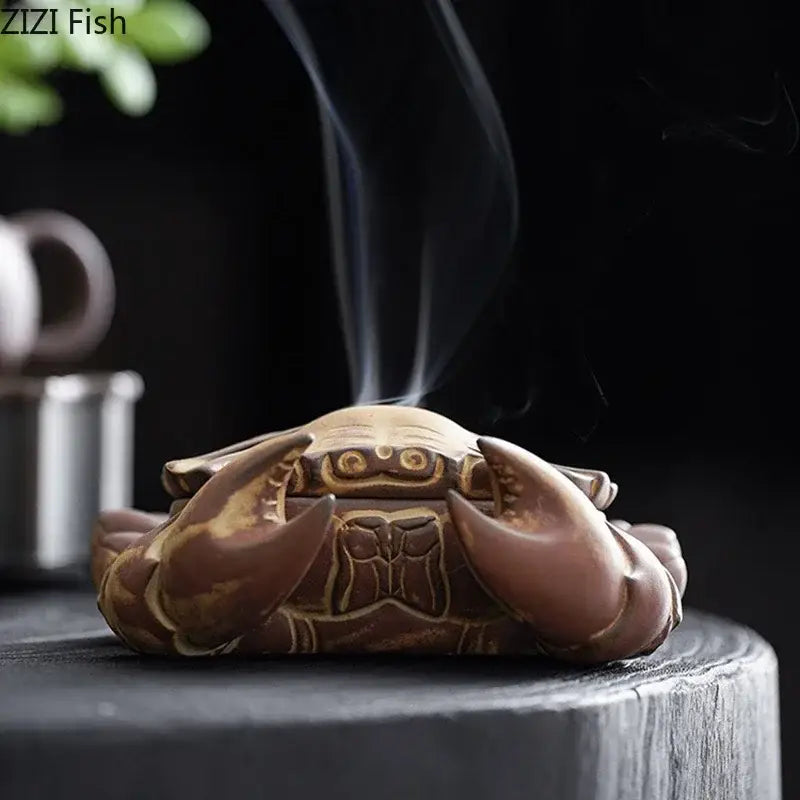 Hand carved brown crab ceramic incense burner with gold-toned decorbites crab ceramic patterns for living room decor tray