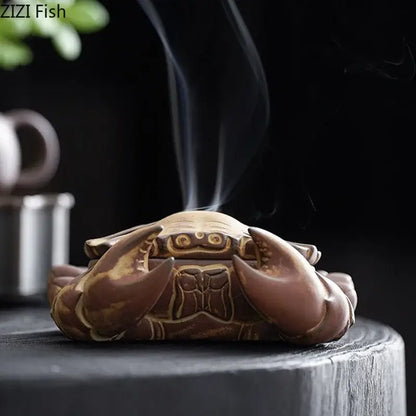 Hand carved brown crab ceramic incense burner with gold-toned decorbites crab ceramic patterns for living room decor tray
