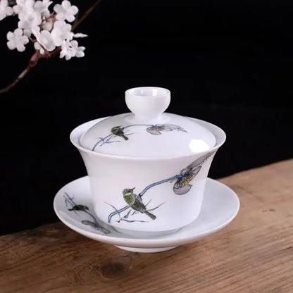 White porcelain gaiwan with hand-painted birds and bamboo in green blue and gray for decorbites blue tea set