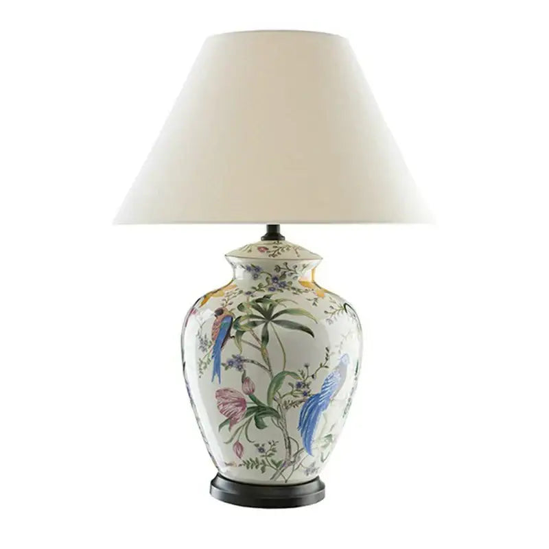 Hand-painted coral flower bird ceramic table lamp with white base and cream fabric shade for living room decorbites coral flower