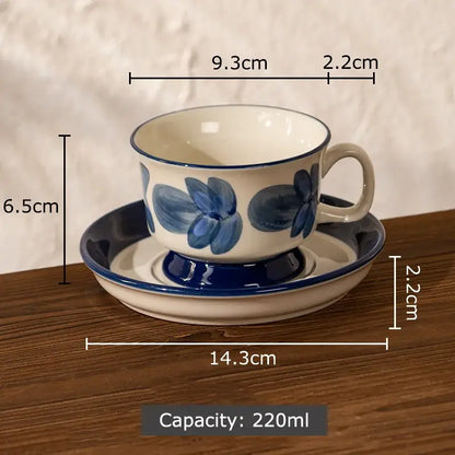 White ceramic flowers pattern ceramic cup and saucer set with blue floral decorbites flowers pattern for dining room