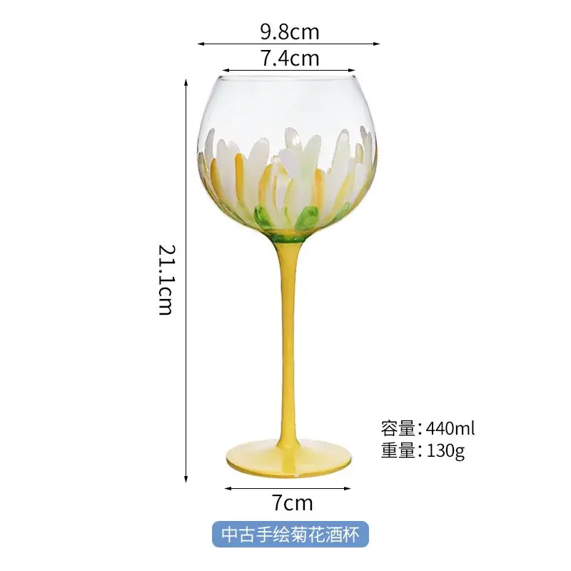 Hand painted glass goblet with yellow stem and base featuring white and yellow daisy petals for dining room decor